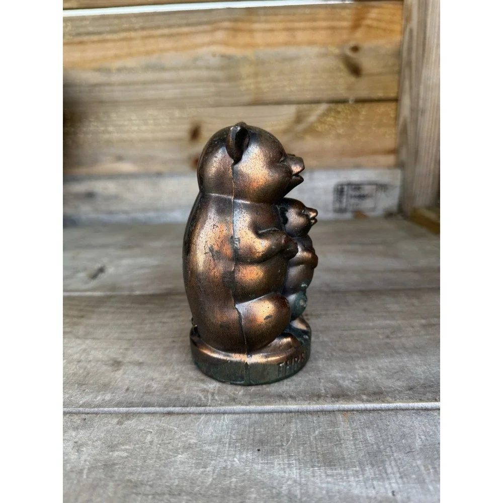 Vintage Three Little Pigs Cast Metal Piggy Bank Coin Worn Copper Tone Finish USA